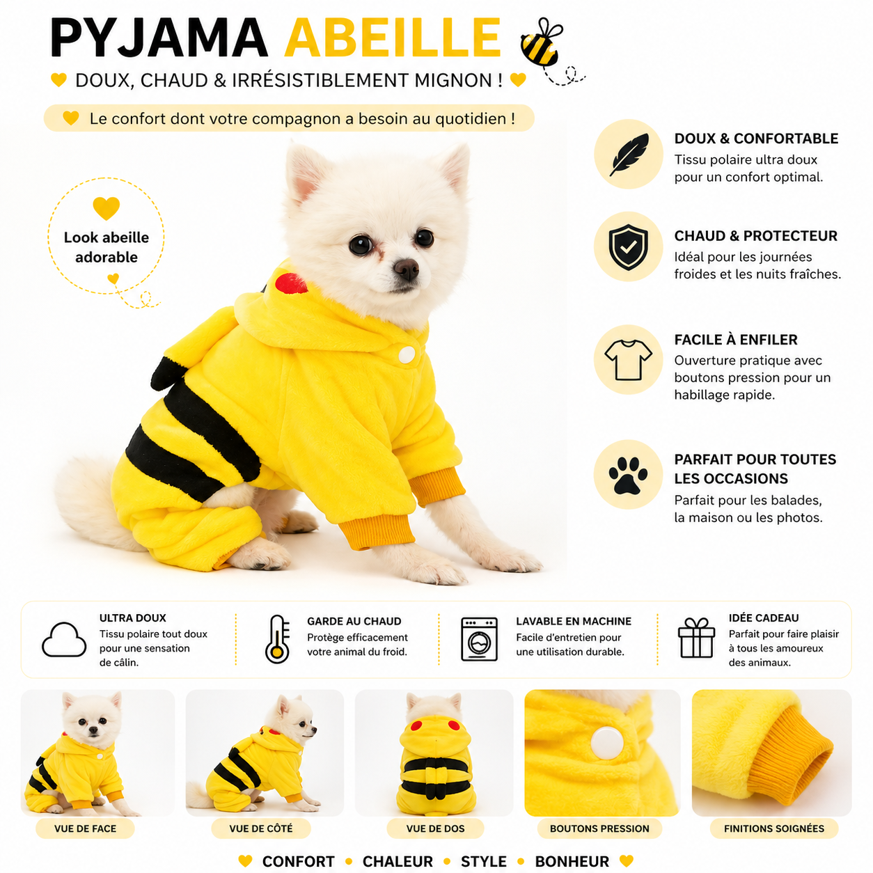 Vêtements pour chien : combinaison en polaire avec capuche
