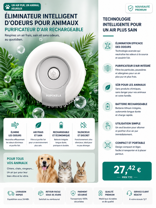 Éliminateur intelligent d’odeurs pour animaux | Purificateur d’air rechargeable