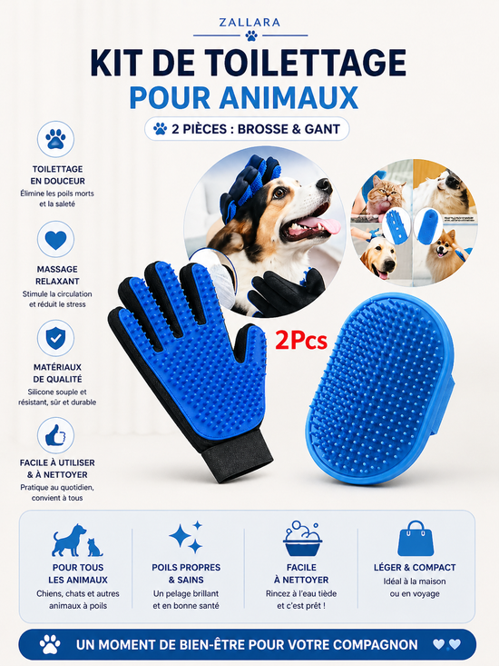 Kit de toilettage pour animaux 2 pièces : brosse et gant